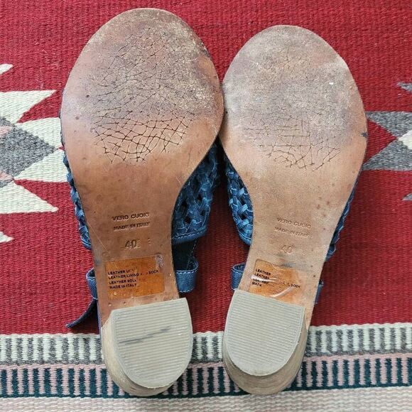 Sundance Blue Woven Leather Open Toe Heeled Sandal Sz 9 Sling Back Adjustable - Picture 7 of 8